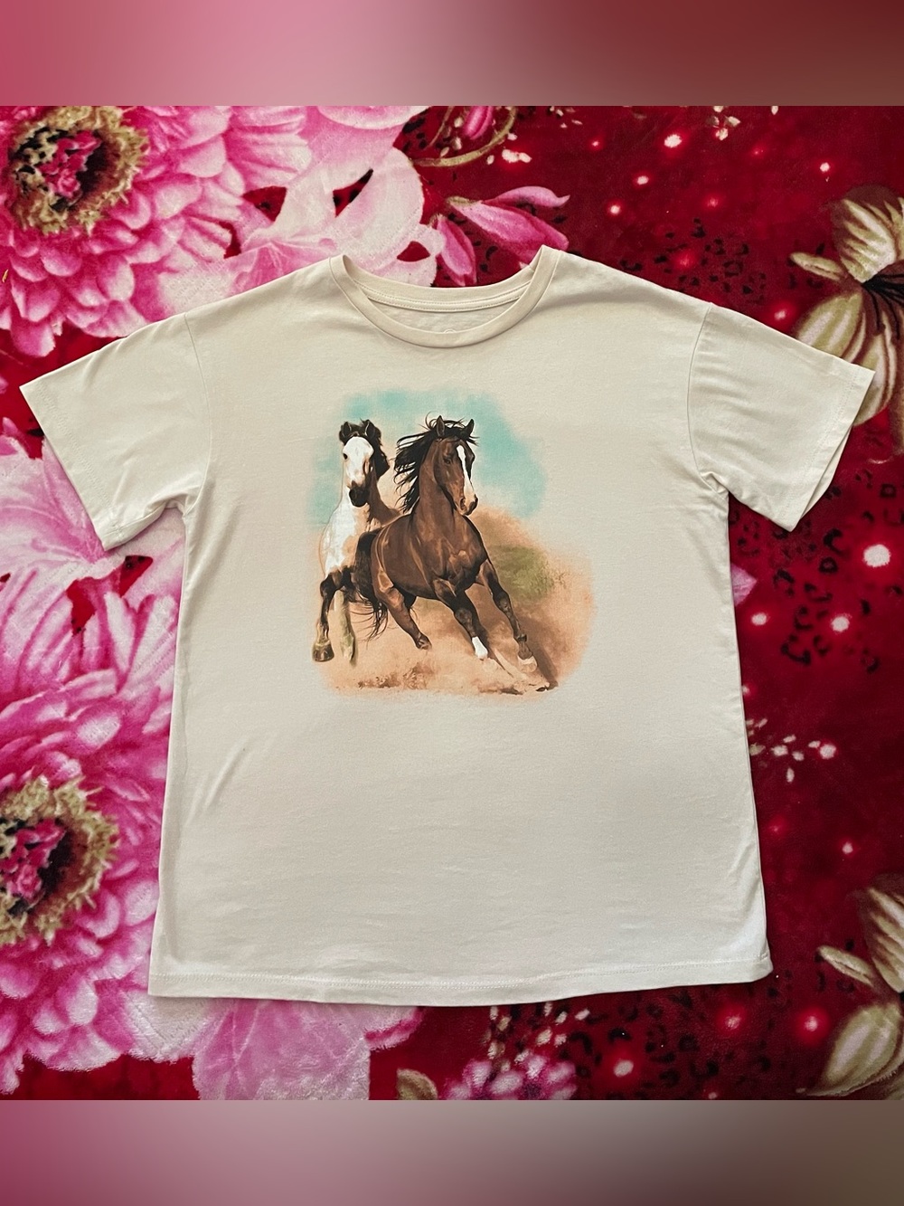 Kids Horse Graphic Tee - Cream Horse Run Shirt Size XL 14-16